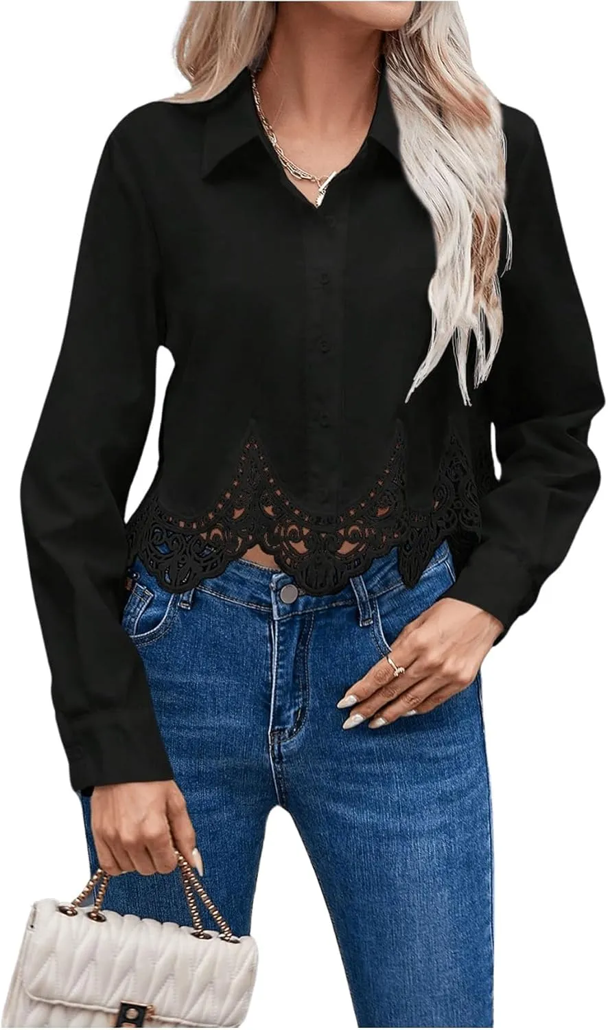 SHENHE Women's Button Up Guipure Lace Trim Long Sleeve Crop Top Shirt Elegant Blouse