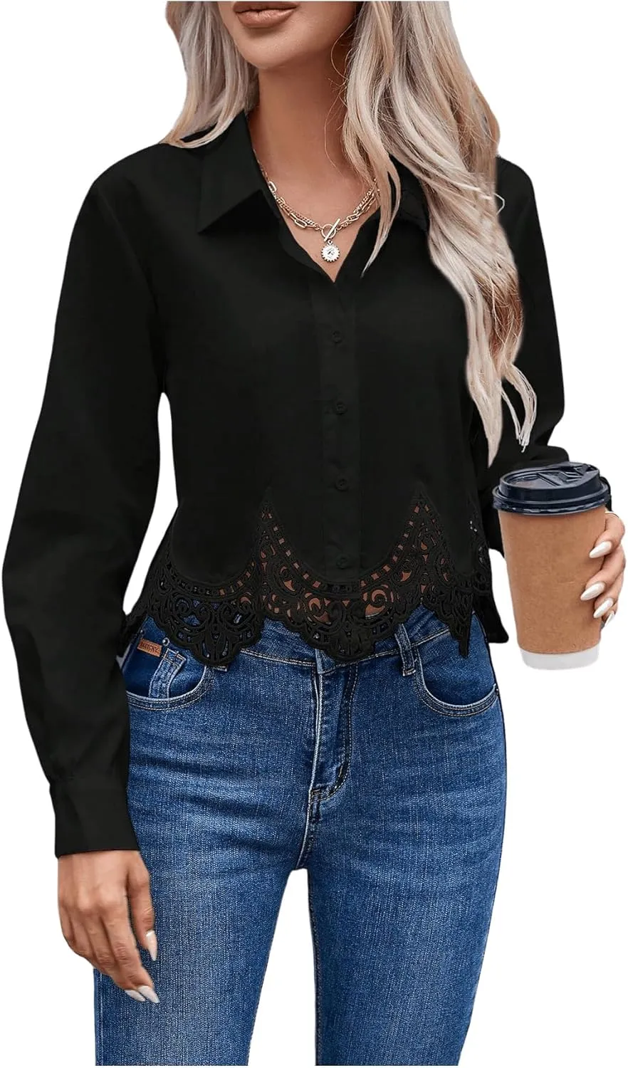 SHENHE Women's Button Up Guipure Lace Trim Long Sleeve Crop Top Shirt Elegant Blouse