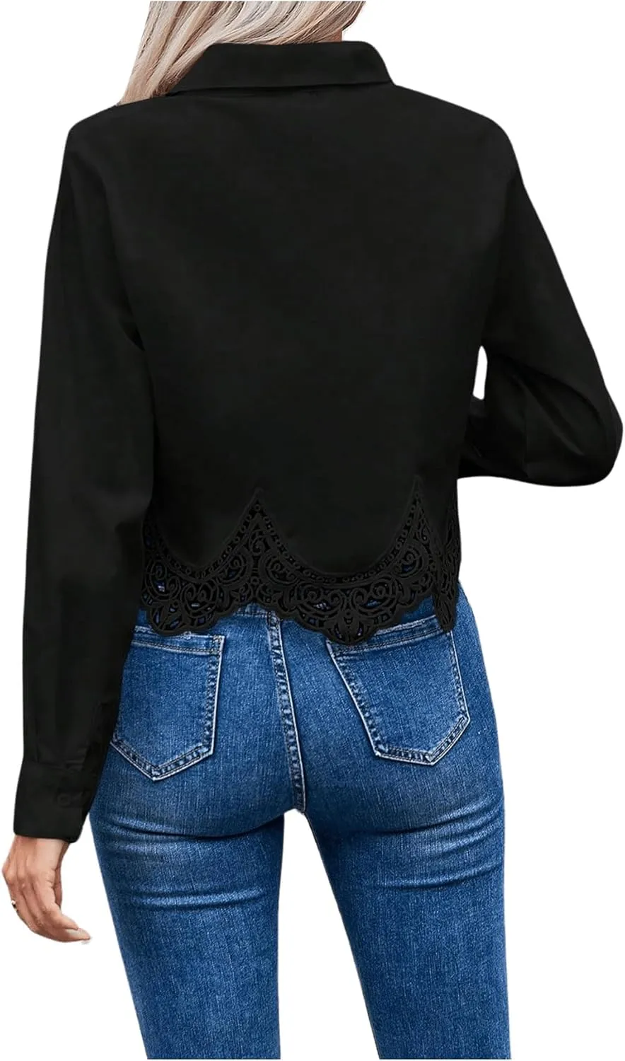 SHENHE Women's Button Up Guipure Lace Trim Long Sleeve Crop Top Shirt Elegant Blouse