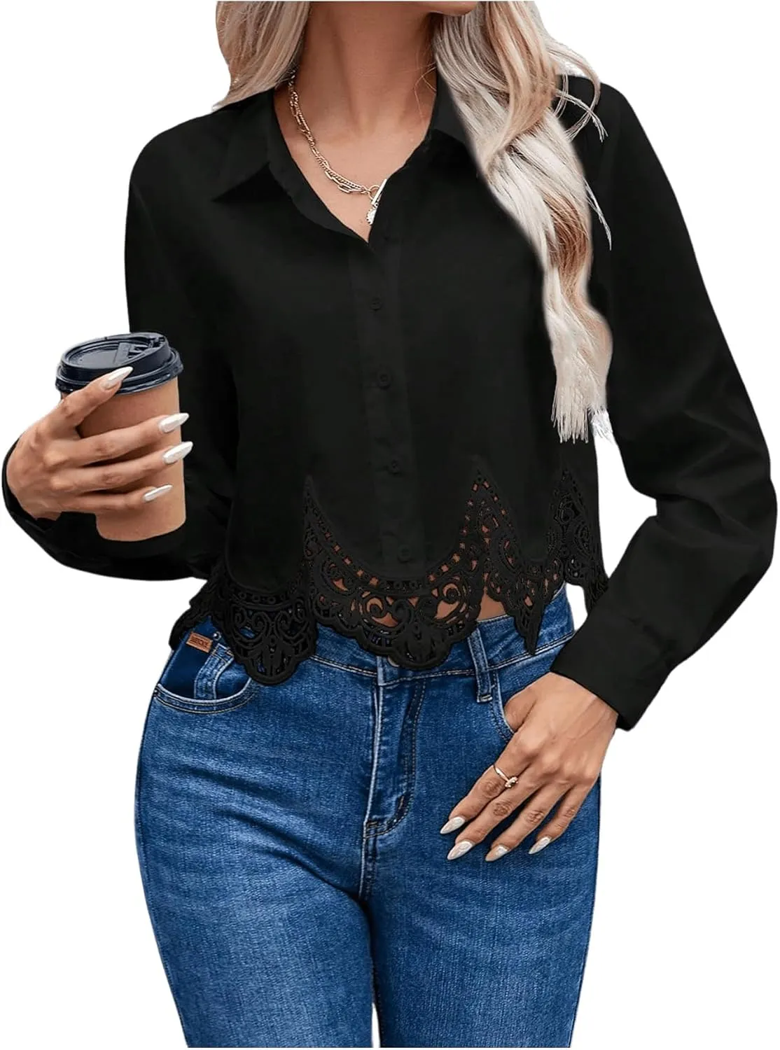 SHENHE Women's Button Up Guipure Lace Trim Long Sleeve Crop Top Shirt Elegant Blouse