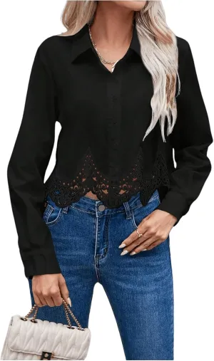 SHENHE Women's Button Up Guipure Lace Trim Long Sleeve Crop Top Shirt Elegant Blouse