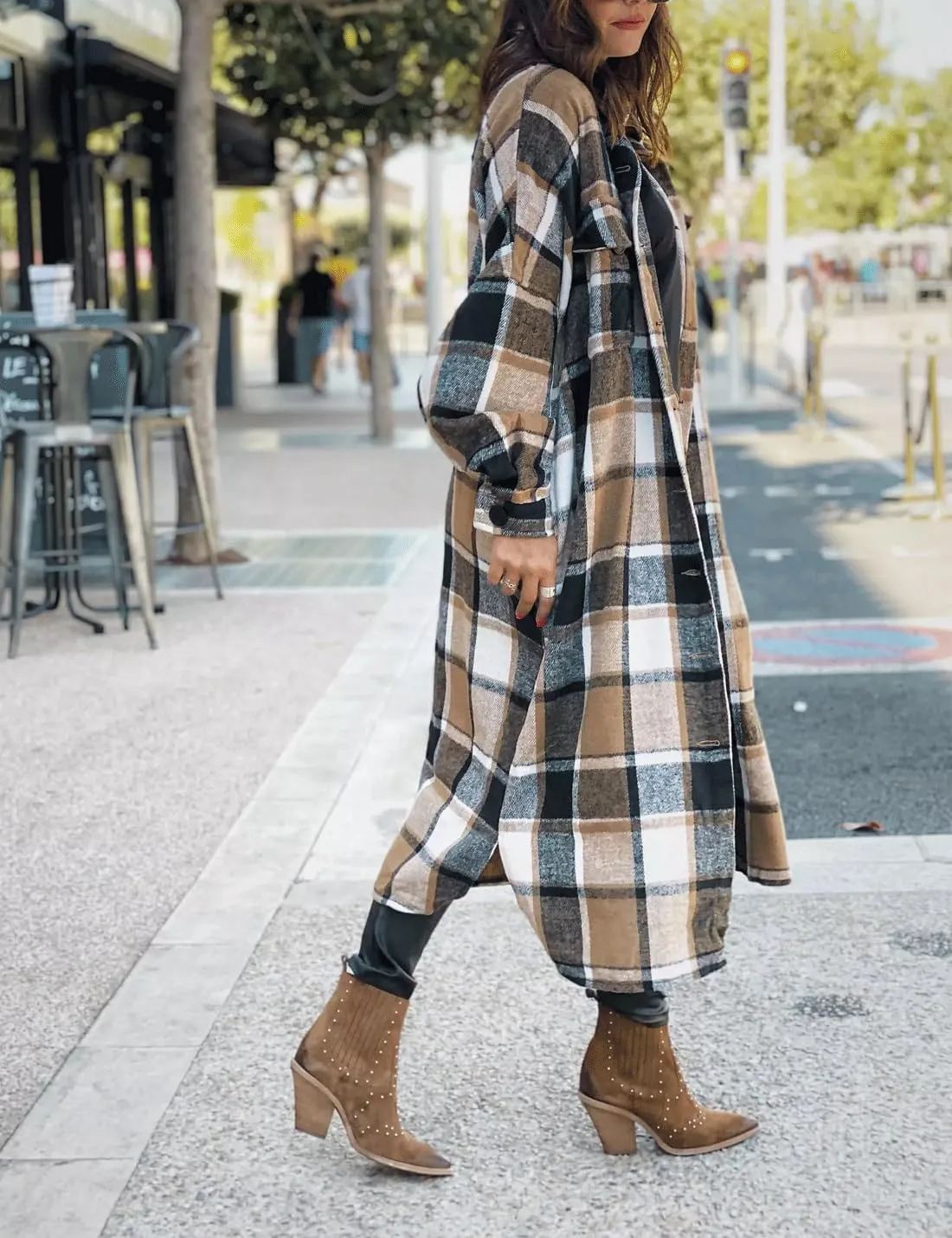 SKIKYAN Women Fall Flannel Plaid Shacket Jacket Oversized Button Down Long Shirt Jacket