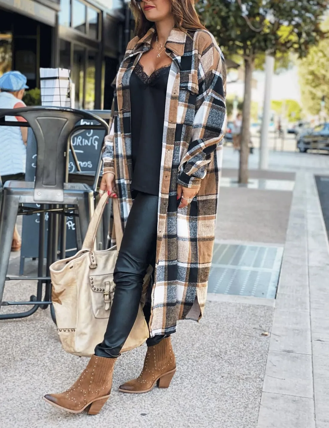 SKIKYAN Women Fall Flannel Plaid Shacket Jacket Oversized Button Down Long Shirt Jacket