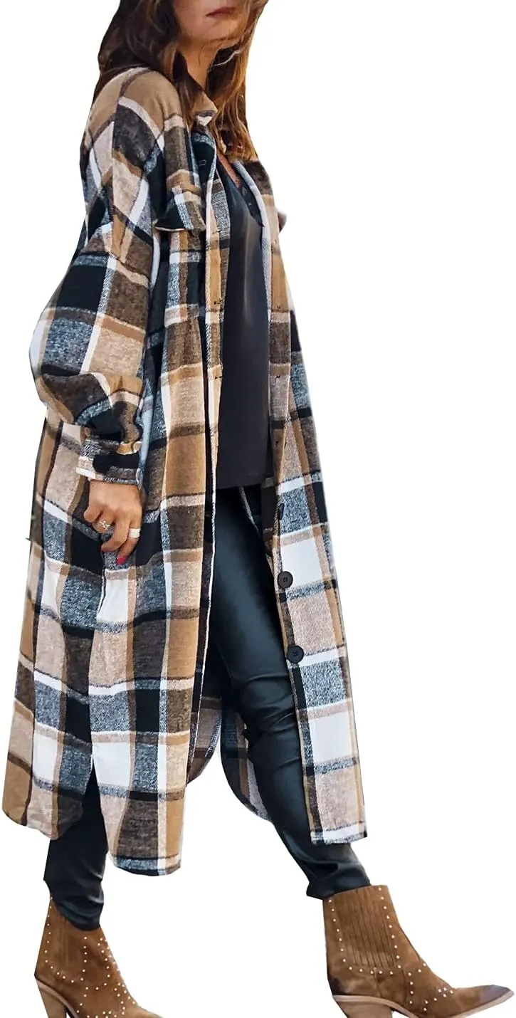 SKIKYAN Women Fall Flannel Plaid Shacket Jacket Oversized Button Down Long Shirt Jacket