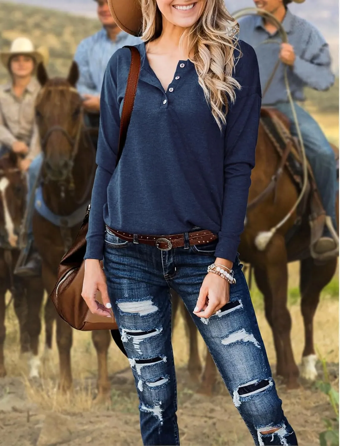 Topstype Womens Henley Tops Long Sleeve Shirts Thermal Pullover Casual Loose Fit Henley Neck Tunics