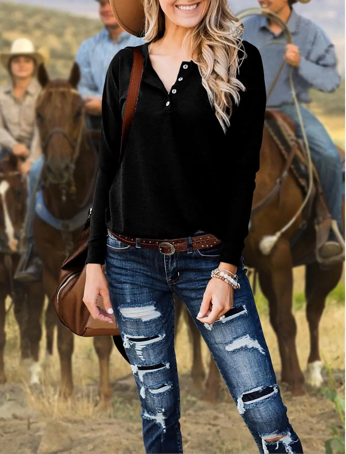 Topstype Womens Henley Tops Long Sleeve Shirts Thermal Pullover Casual Loose Fit Henley Neck Tunics