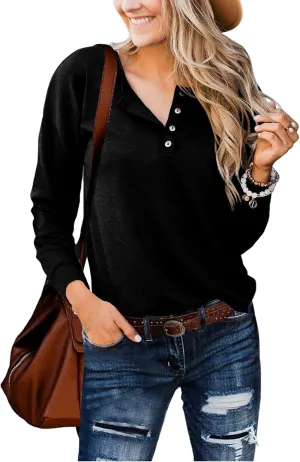 Topstype Womens Henley Tops Long Sleeve Shirts Thermal Pullover Casual Loose Fit Henley Neck Tunics