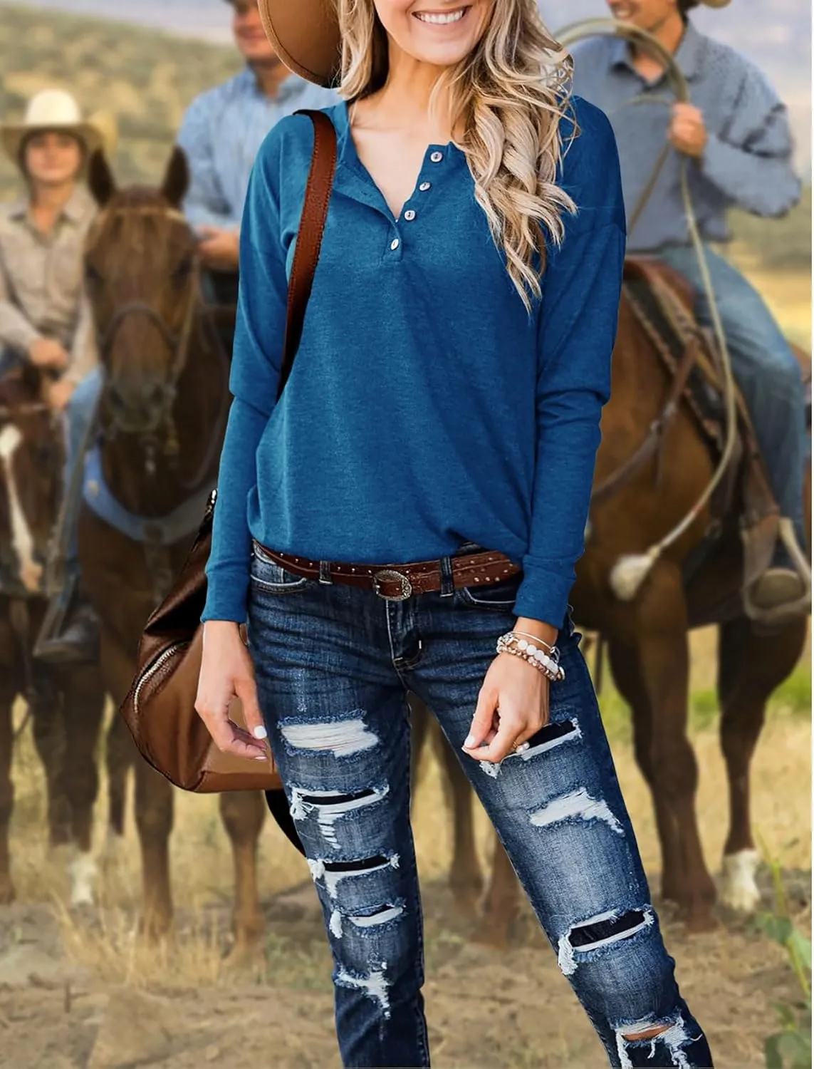 Topstype Womens Henley Tops Long Sleeve Shirts Thermal Pullover Casual Loose Fit Henley Neck Tunics