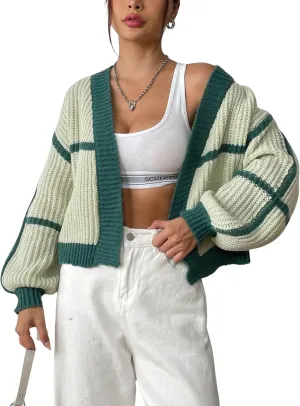 utcoco Women's Cropped Long Sleeve Cardigan Sweaters Casual Loose Open Front Color Block Chunky Knit Sweater Coat