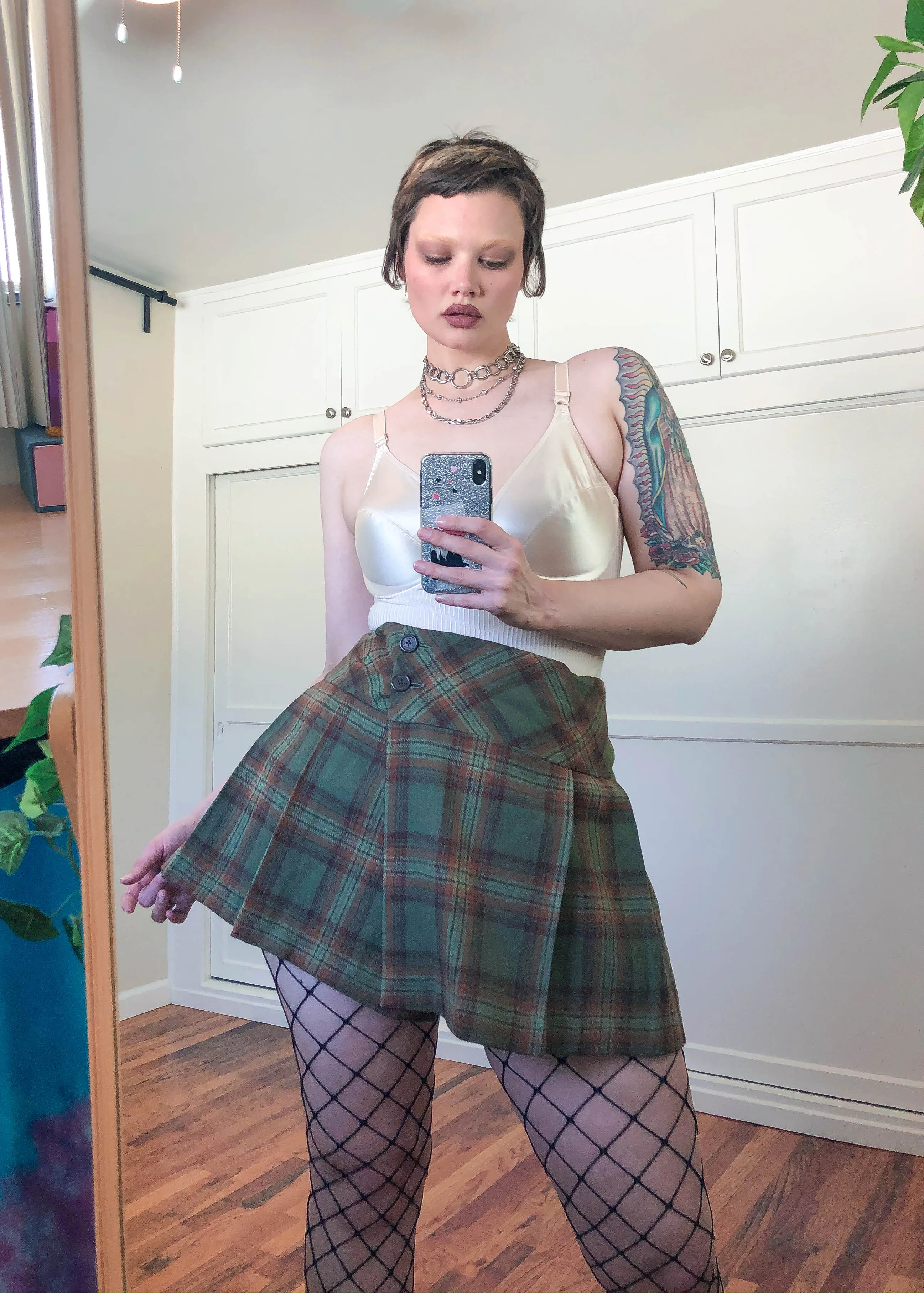 Vintage Y2K Green Plaid Pleated Mini Skirt - 2X