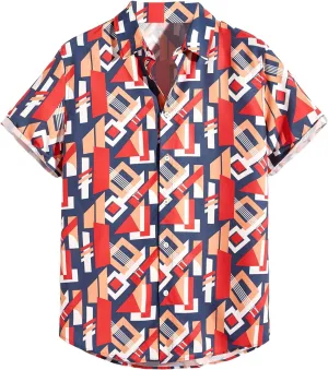 WDIRARA Men's Button Up Short Sleeve Cat Print Beachwear Striped Pocket Hawaiian Shirt Casual Collar Top