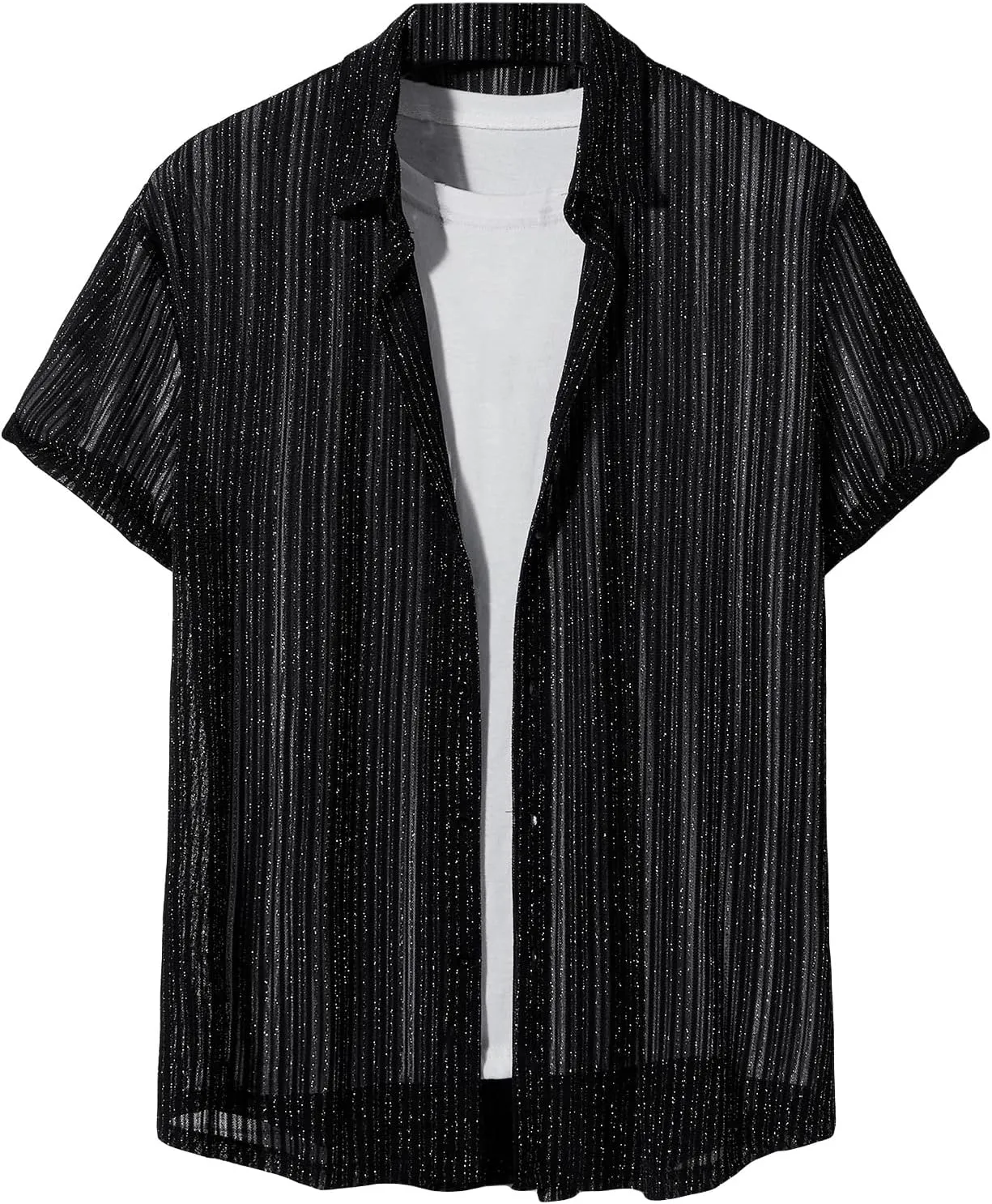 WDIRARA Men's Button Up Short Sleeve Cat Print Beachwear Striped Pocket Hawaiian Shirt Casual Collar Top