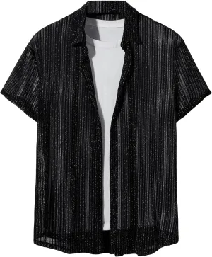 WDIRARA Men's Button Up Short Sleeve Cat Print Beachwear Striped Pocket Hawaiian Shirt Casual Collar Top