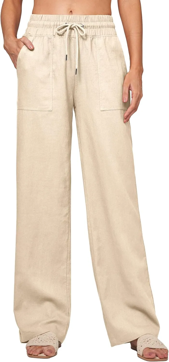 Women Linen Pants Wide Leg Palazzo Pants Cotton Linen Drawstring Summer Pants with Pockets 29"/31"/ 33"