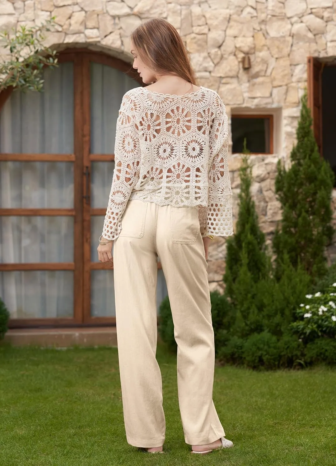 Women Linen Pants Wide Leg Palazzo Pants Cotton Linen Drawstring Summer Pants with Pockets 29"/31"/ 33"