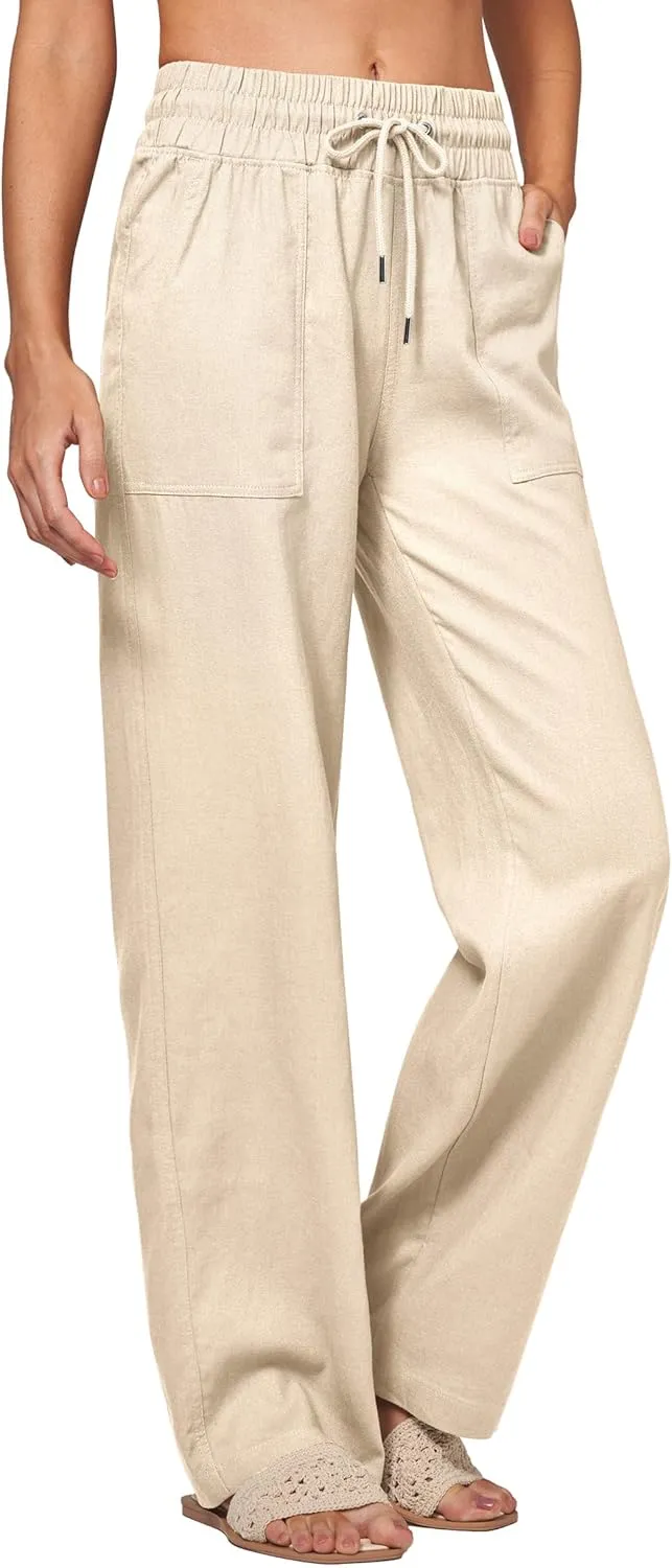 Women Linen Pants Wide Leg Palazzo Pants Cotton Linen Drawstring Summer Pants with Pockets 29"/31"/ 33"