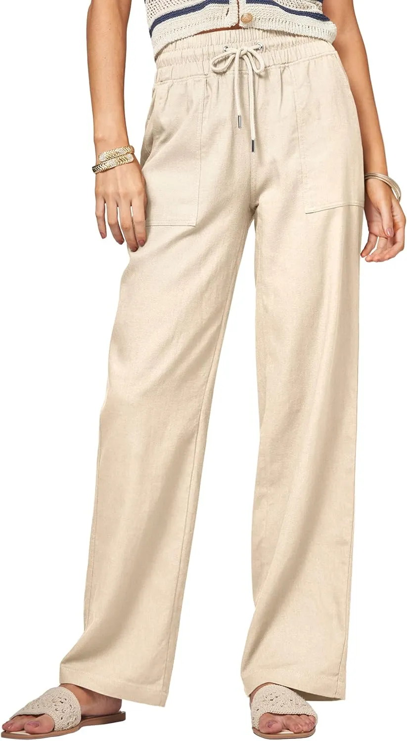 Women Linen Pants Wide Leg Palazzo Pants Cotton Linen Drawstring Summer Pants with Pockets 29"/31"/ 33"