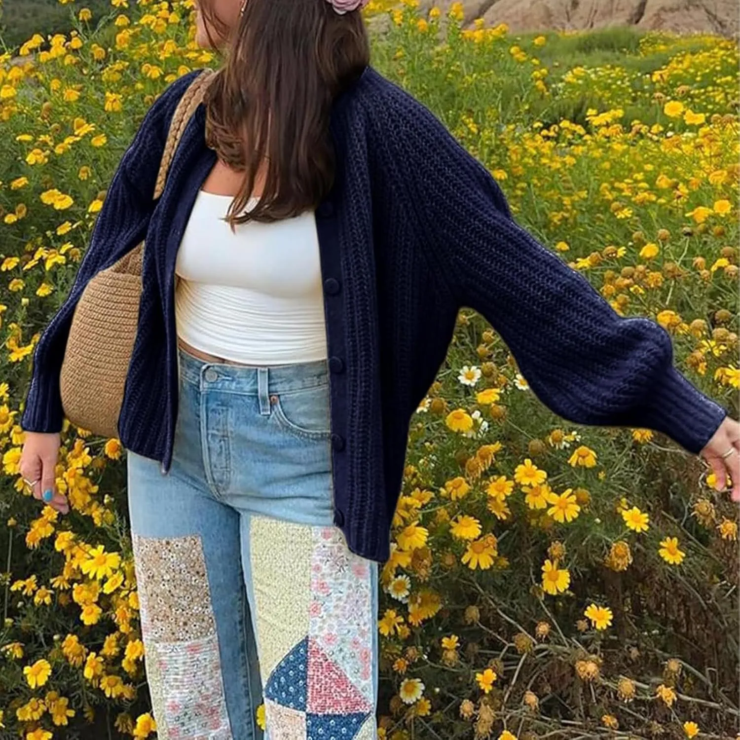 Women Y2K Chunky Open Front Sweater Long Sleeve Button Down Cropped Sweater Cardigan Fall Loose Casual Knit Outwear