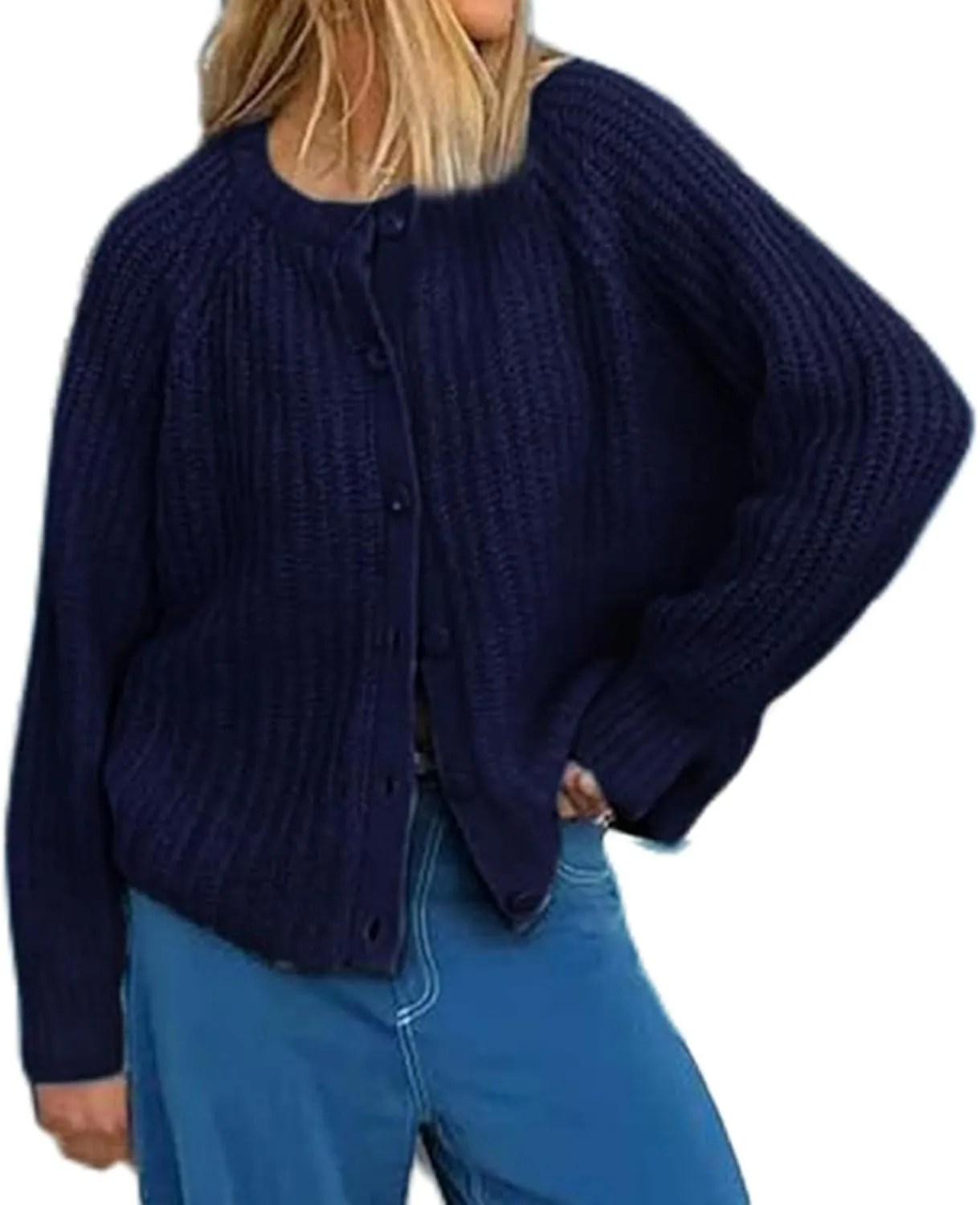 Women Y2K Chunky Open Front Sweater Long Sleeve Button Down Cropped Sweater Cardigan Fall Loose Casual Knit Outwear