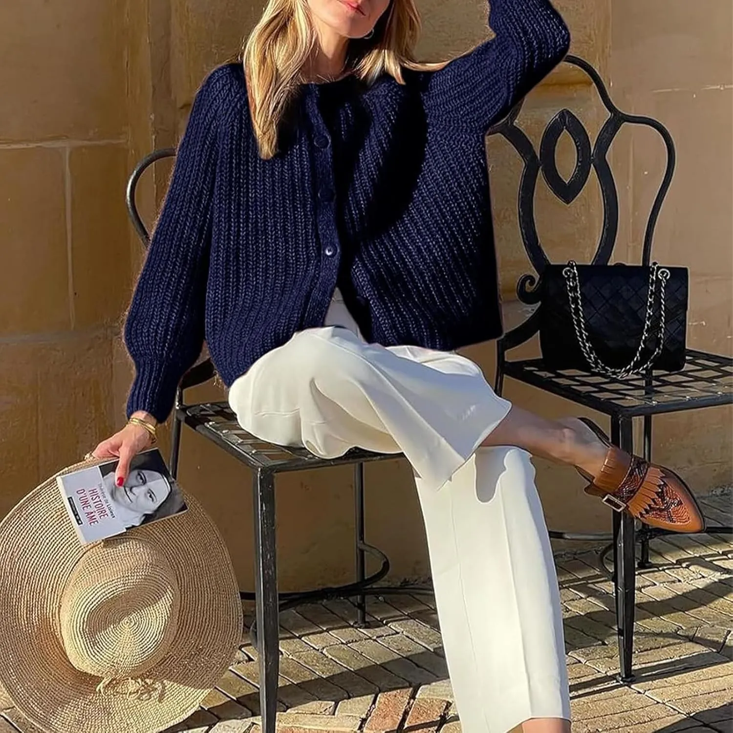 Women Y2K Chunky Open Front Sweater Long Sleeve Button Down Cropped Sweater Cardigan Fall Loose Casual Knit Outwear