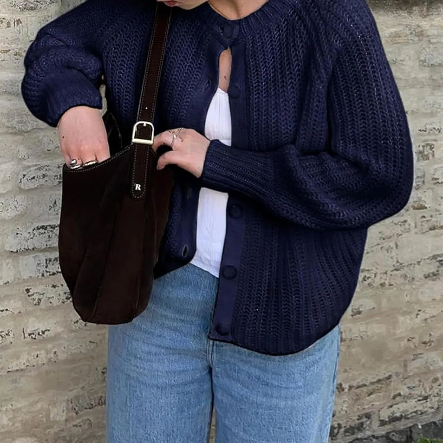 Women Y2K Chunky Open Front Sweater Long Sleeve Button Down Cropped Sweater Cardigan Fall Loose Casual Knit Outwear