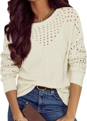 Womens 2025 Spring Sweaters Oversized Crewneck Cable Knit Pullover Crochet Hollow Out Chunky Jumper Casual Tunic Tops