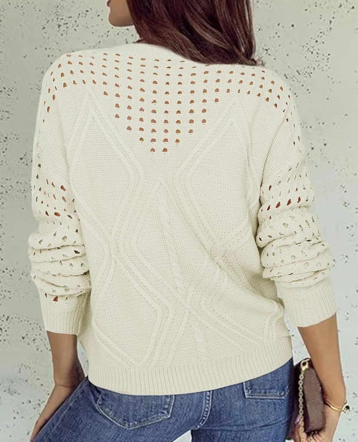 Womens 2025 Spring Sweaters Oversized Crewneck Cable Knit Pullover Crochet Hollow Out Chunky Jumper Casual Tunic Tops