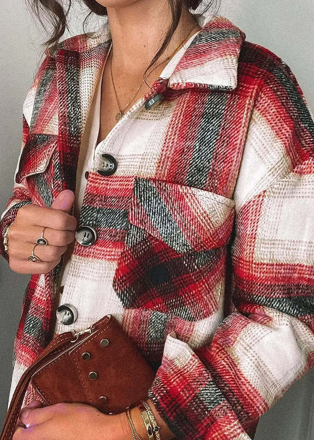 Women's Brushed Plaid Shirts Long Sleeve Flannel Lapel Button Down Cardigan Boyfriend Shacket Jacket Coats
