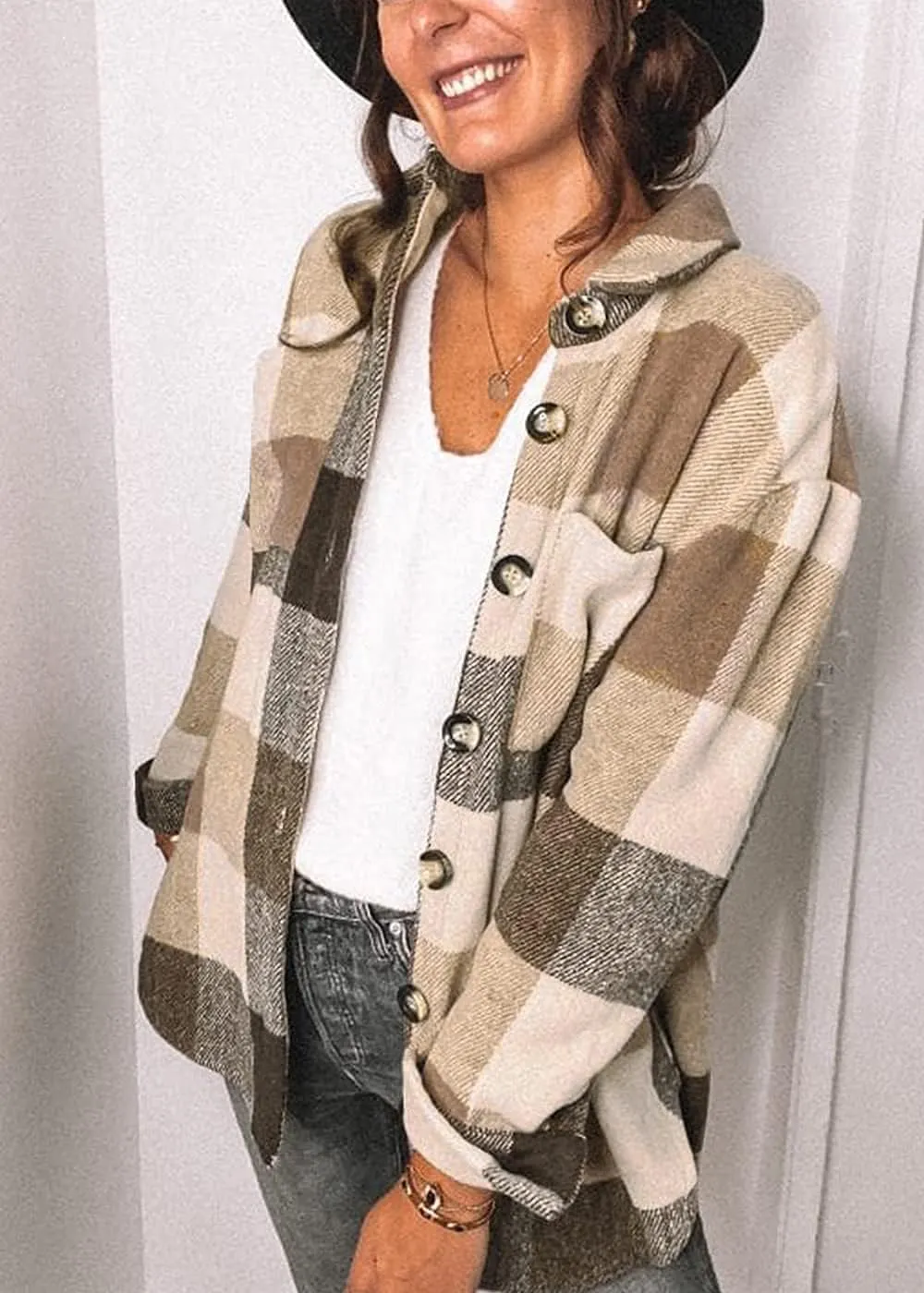 Women's Brushed Plaid Shirts Long Sleeve Flannel Lapel Button Down Cardigan Boyfriend Shacket Jacket Coats
