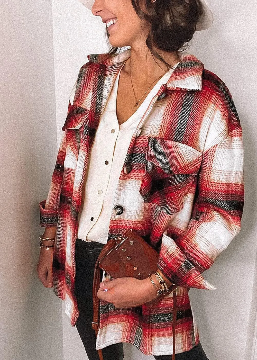 Women's Brushed Plaid Shirts Long Sleeve Flannel Lapel Button Down Cardigan Boyfriend Shacket Jacket Coats