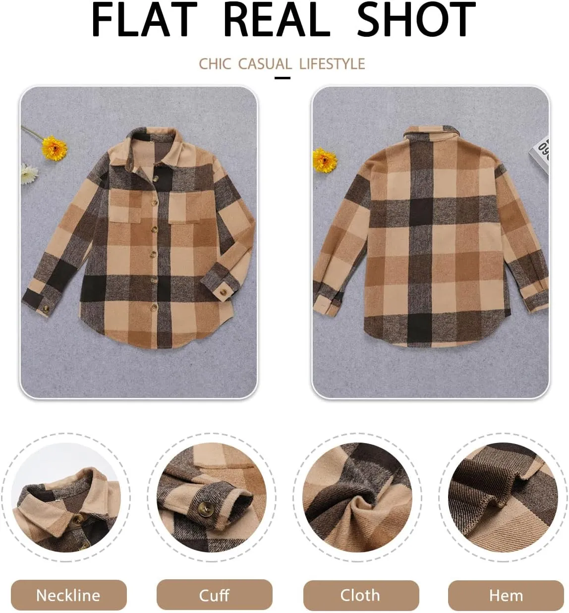 Women's Brushed Plaid Shirts Long Sleeve Flannel Lapel Button Down Cardigan Boyfriend Shacket Jacket Coats