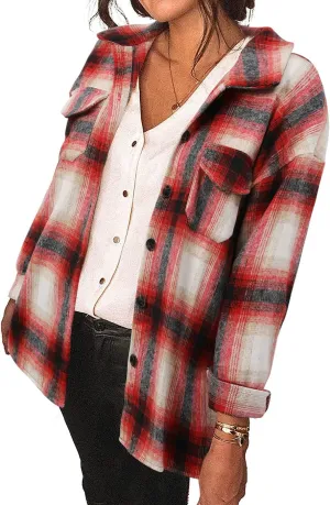 Women's Brushed Plaid Shirts Long Sleeve Flannel Lapel Button Down Cardigan Boyfriend Shacket Jacket Coats