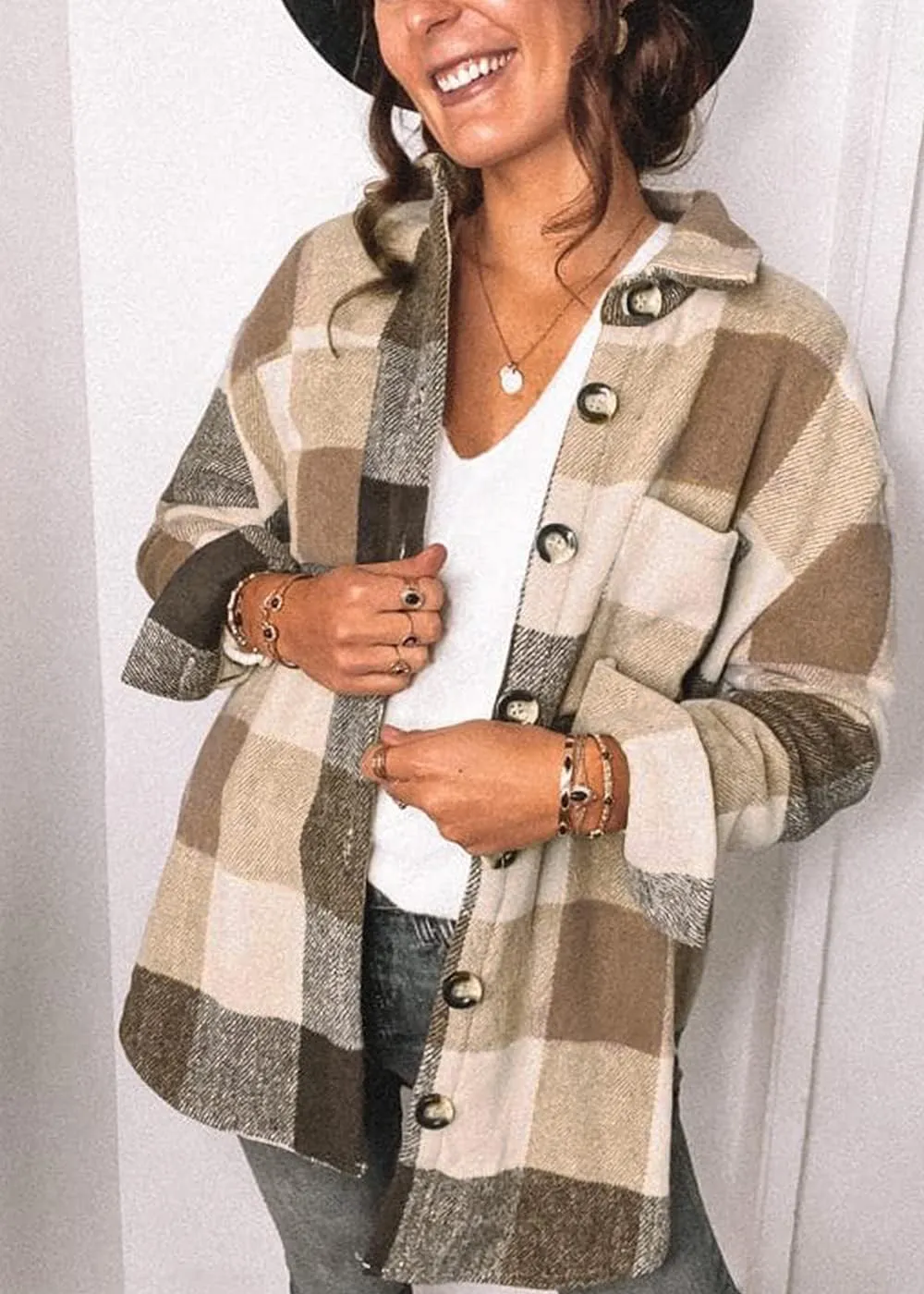 Women's Brushed Plaid Shirts Long Sleeve Flannel Lapel Button Down Cardigan Boyfriend Shacket Jacket Coats