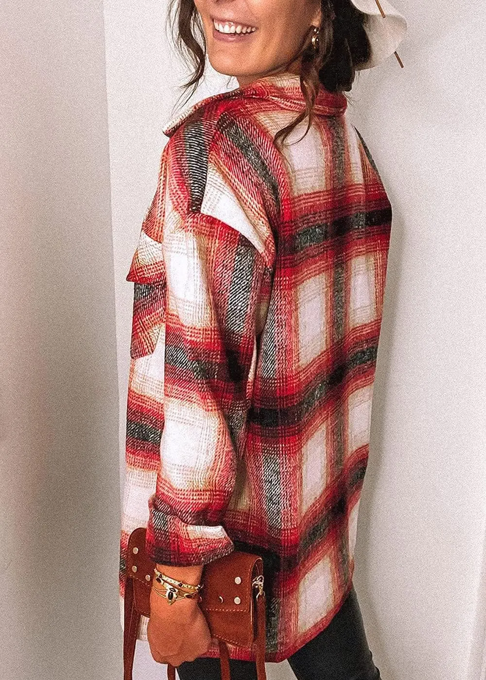 Women's Brushed Plaid Shirts Long Sleeve Flannel Lapel Button Down Cardigan Boyfriend Shacket Jacket Coats