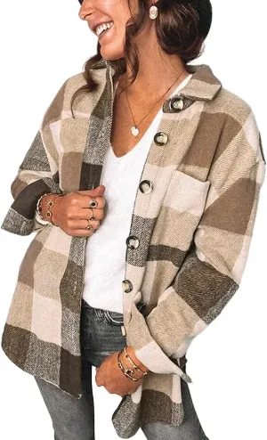 Women's Brushed Plaid Shirts Long Sleeve Flannel Lapel Button Down Cardigan Boyfriend Shacket Jacket Coats
