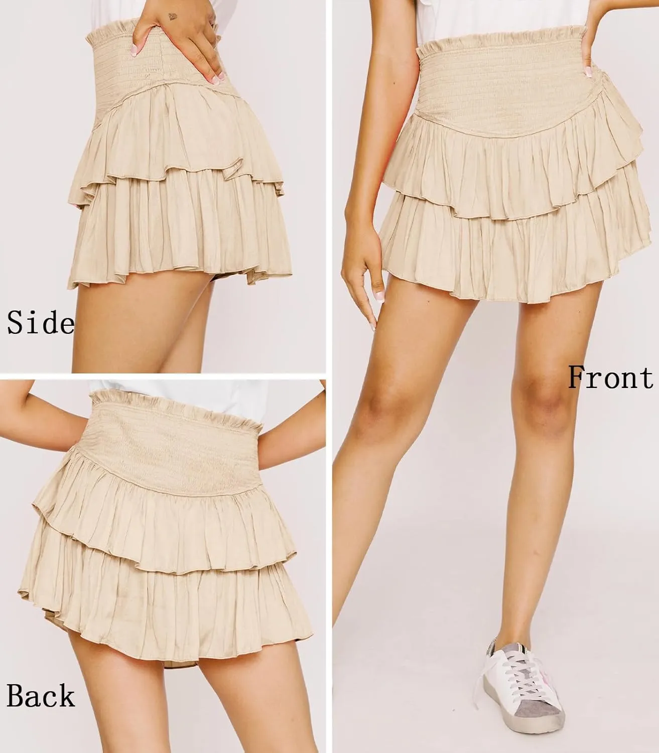Women's Cute High Waist Ruffle Mini Skirt Layered Ruffle Hem Flared Flowy Casual Swing Beach Mini Short Skirt