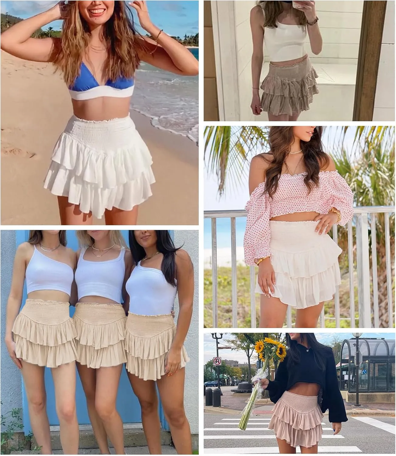 Women's Cute High Waist Ruffle Mini Skirt Layered Ruffle Hem Flared Flowy Casual Swing Beach Mini Short Skirt