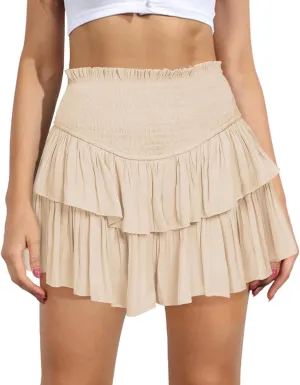 Women's Cute High Waist Ruffle Mini Skirt Layered Ruffle Hem Flared Flowy Casual Swing Beach Mini Short Skirt