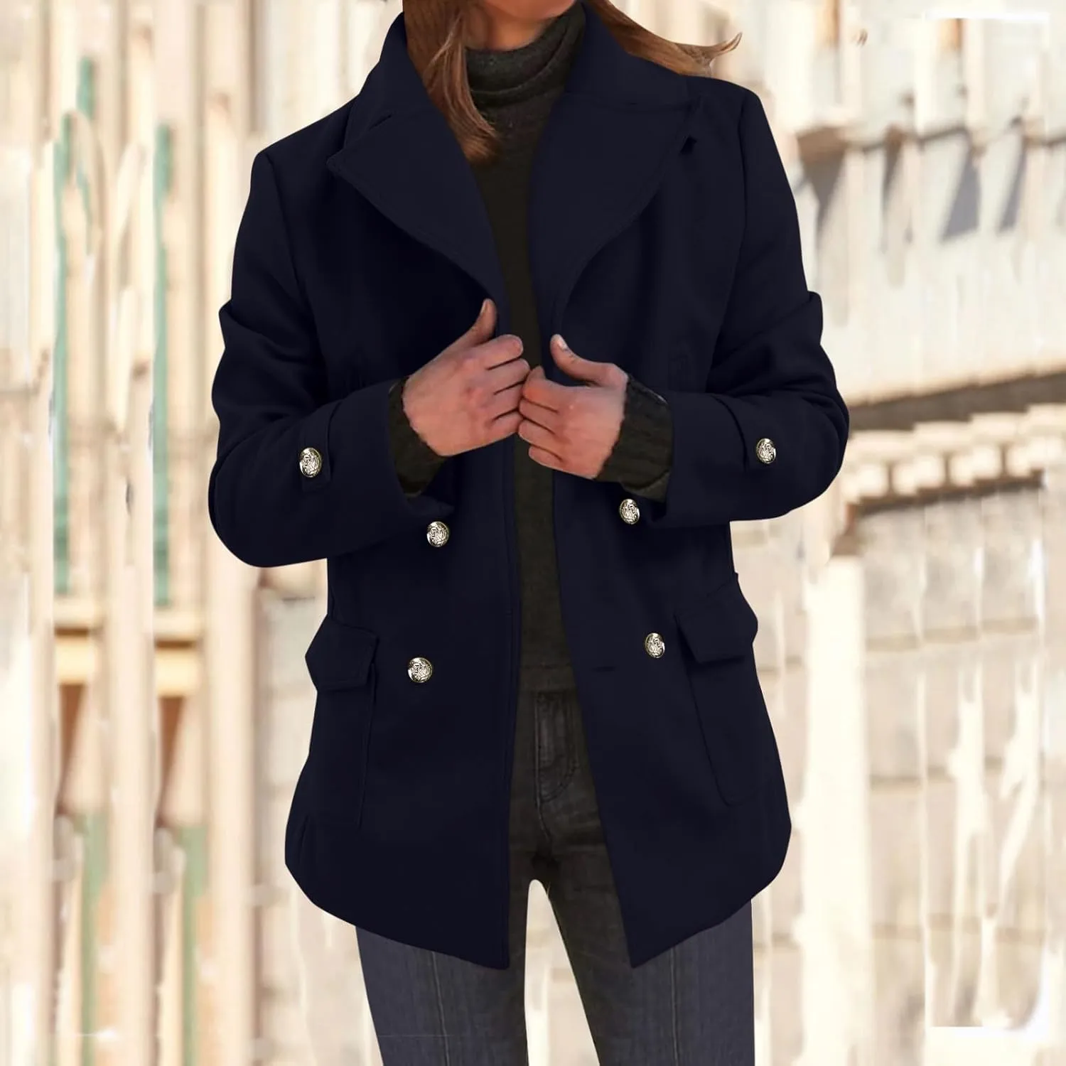 Women's Elegant Blazers Single Breasted Coat 2024 Winter Mid Woolen Overcoat Work Office Pea Jackets Overcoats
