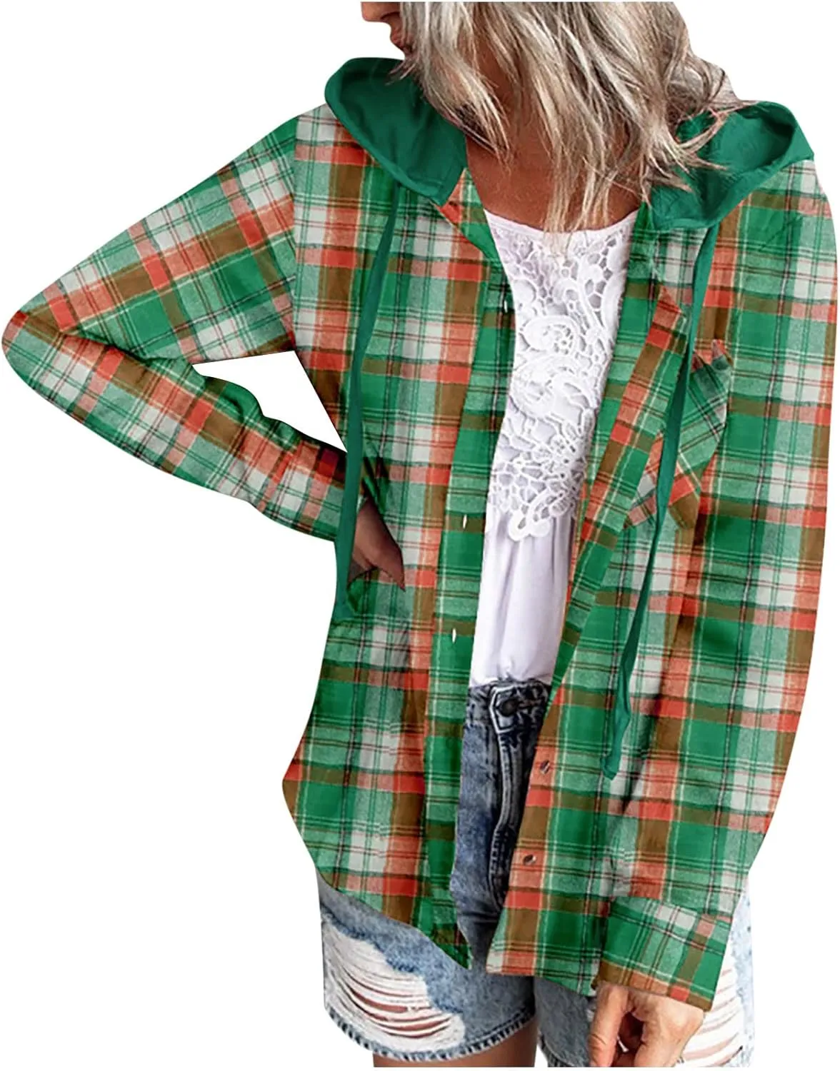 Womens Flannel Hooded Shacket Jacket Fashion Teen Girl Plaid Button Down Outerwear Shirts Preppy Fall Thin Hoodie Coat