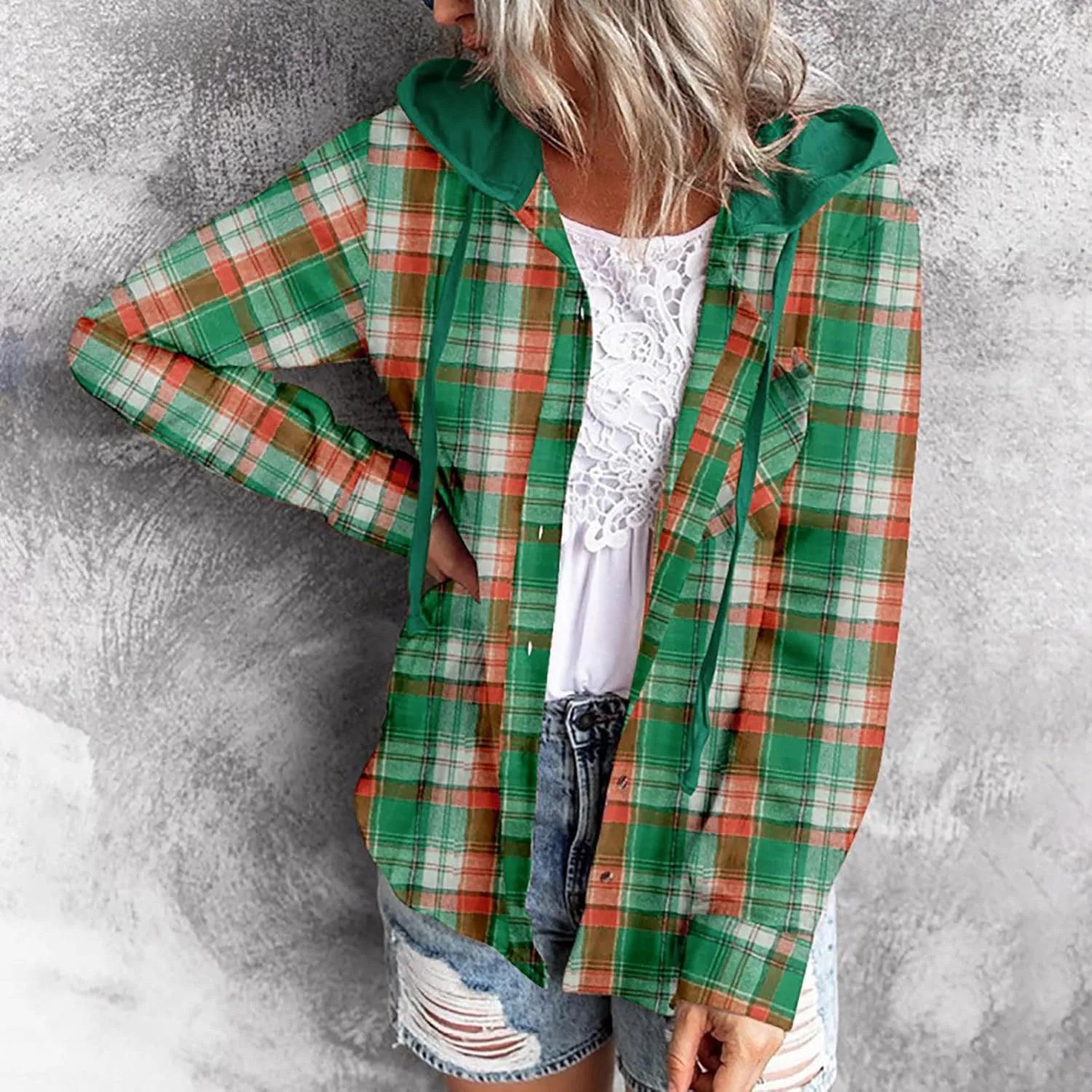Womens Flannel Hooded Shacket Jacket Fashion Teen Girl Plaid Button Down Outerwear Shirts Preppy Fall Thin Hoodie Coat