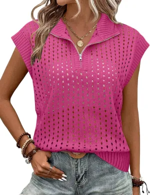 Womens Hollow Out Sweater Vest Summer Casual Quarter Zip Cap Sleeve Crochet Knit Tops