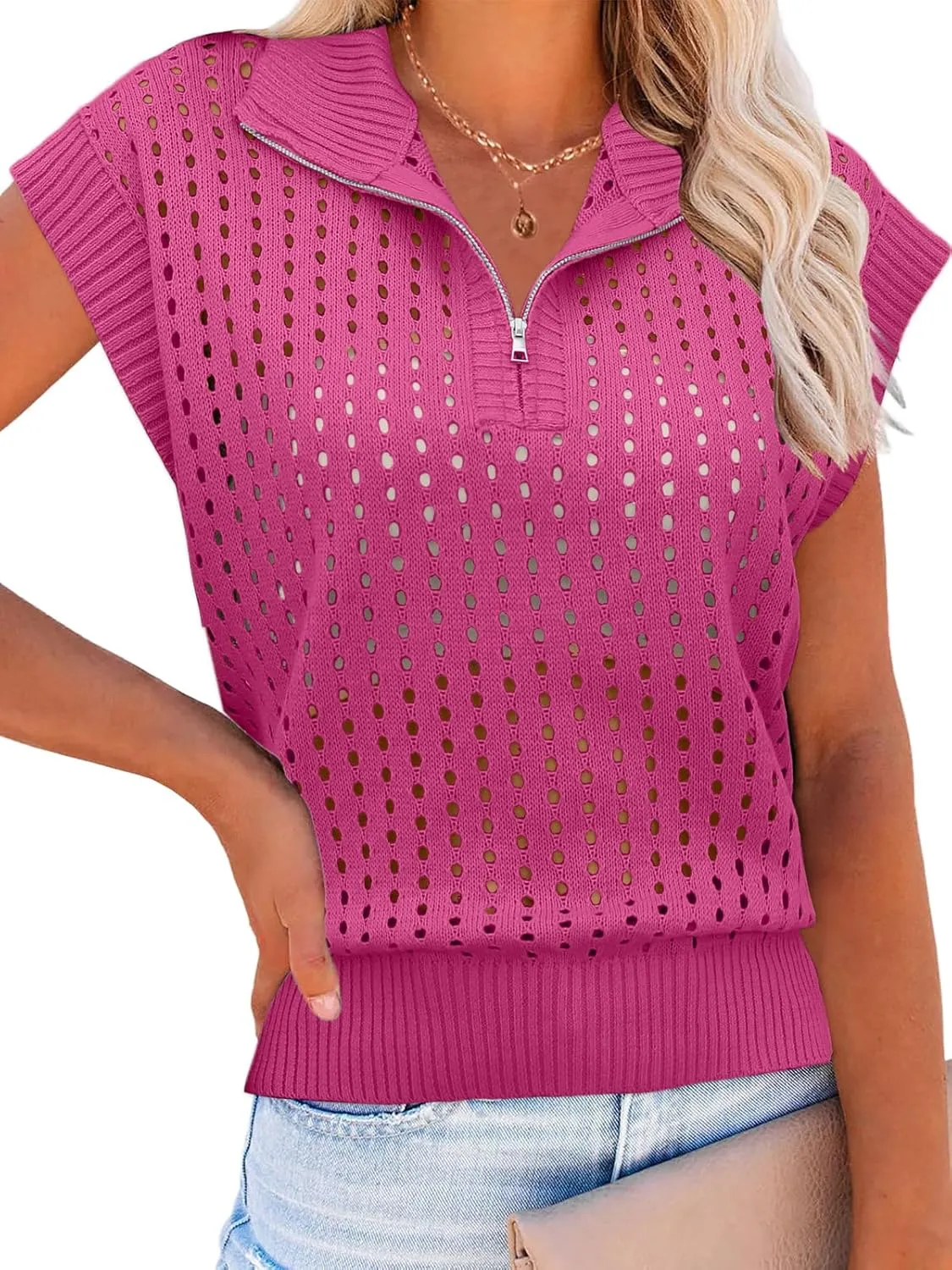 Womens Hollow Out Sweater Vest Summer Casual Quarter Zip Cap Sleeve Crochet Knit Tops