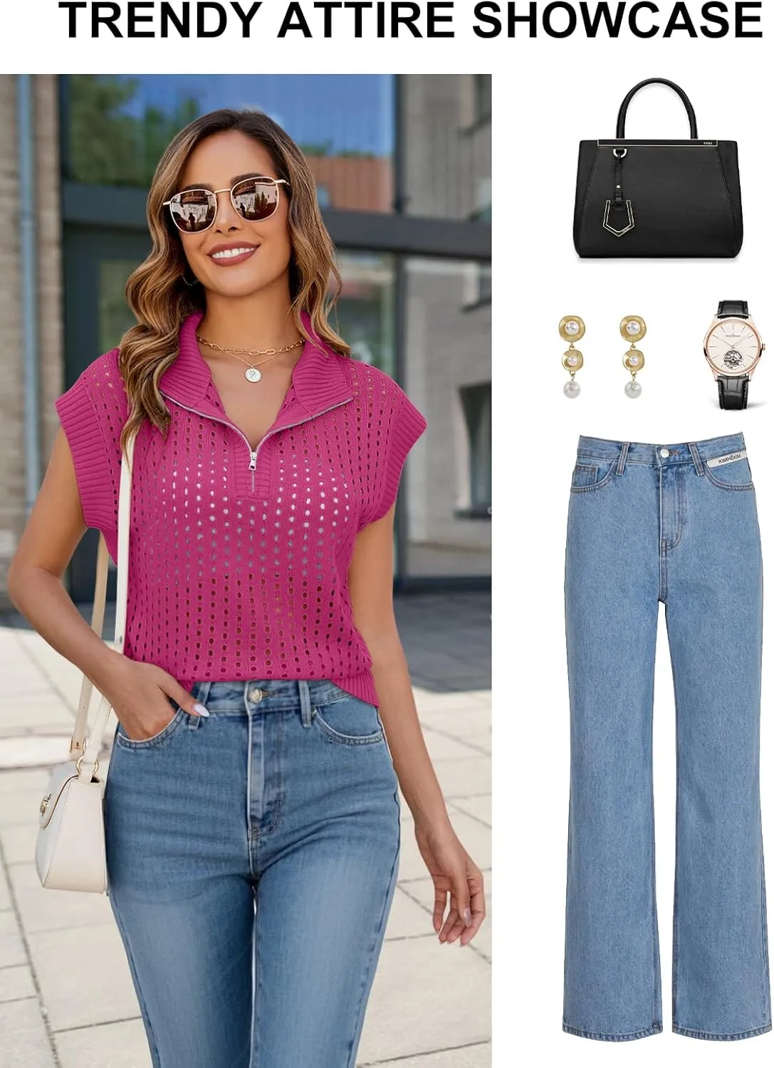 Womens Hollow Out Sweater Vest Summer Casual Quarter Zip Cap Sleeve Crochet Knit Tops