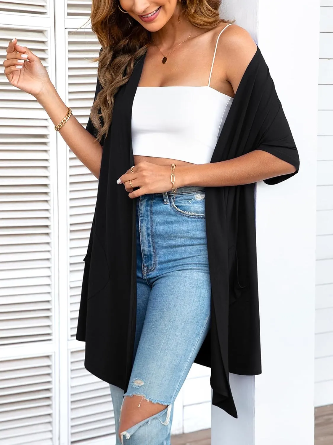 Womens Lightweight Summer Cardigan Casual Drape Soft Open Front Short Sleeve Cardigans with Pockets High Low Hem