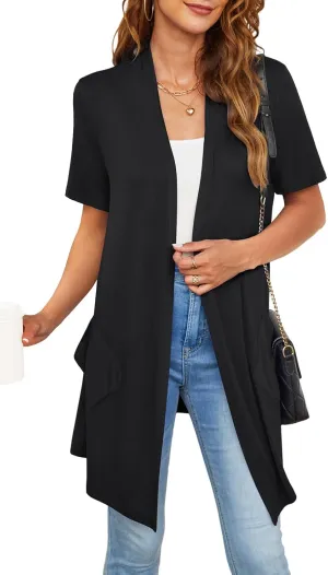 Womens Lightweight Summer Cardigan Casual Drape Soft Open Front Short Sleeve Cardigans with Pockets High Low Hem