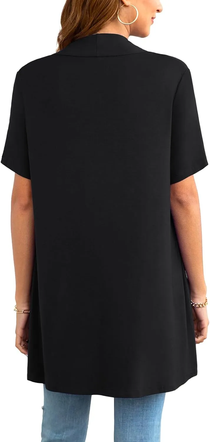 Womens Lightweight Summer Cardigan Casual Drape Soft Open Front Short Sleeve Cardigans with Pockets High Low Hem