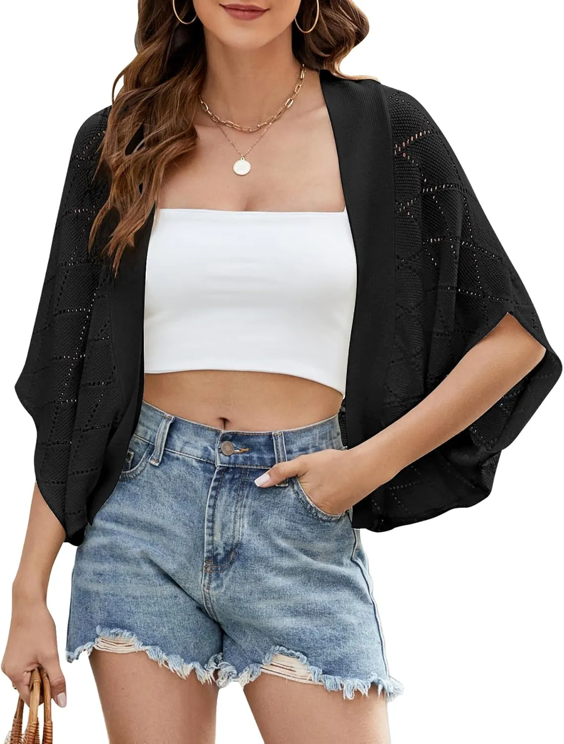 Women's Summer Cardigan Bolero Shrug Sweater Lightweight Crochet Batwing Sleeve Open Front Cropped Cardigans