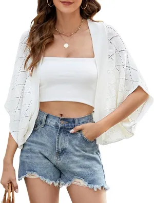 Women's Summer Cardigan Bolero Shrug Sweater Lightweight Crochet Batwing Sleeve Open Front Cropped Cardigans