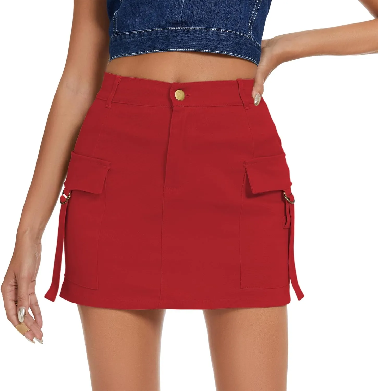 Zando High Waisted Cargo Mini Skirt Y2K Bodycon Denim Mini Skirt Y2K Jean Skirt with Pockets Y2K Button Cargo Skirt